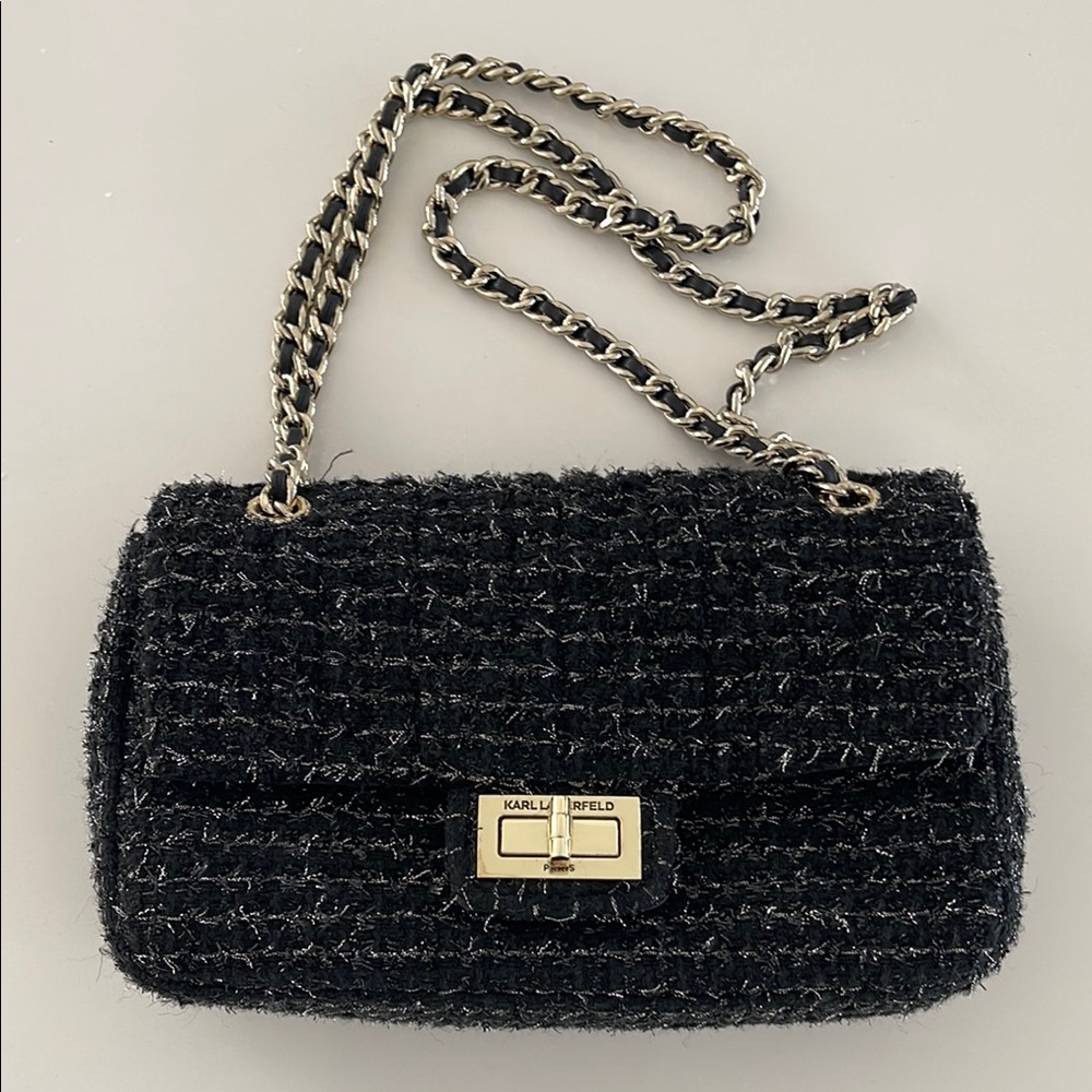 Karl Lagerfeld Black Flap Shoulder Bag with Chain